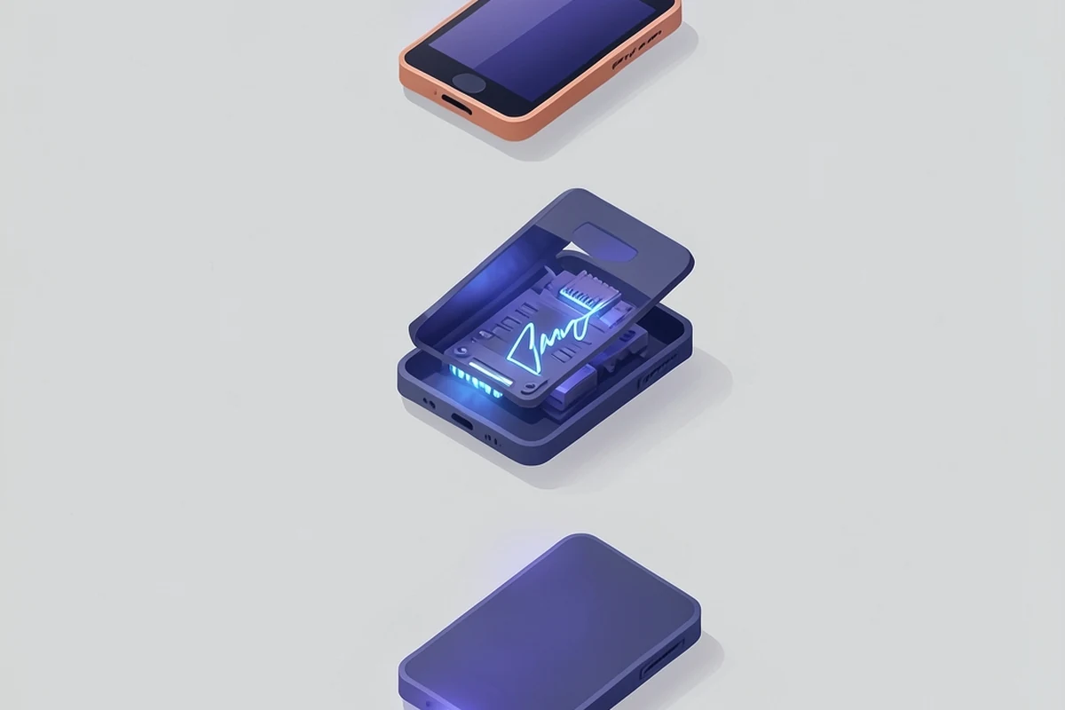 Three-step illustration showing an unsigned transaction sent to a hardware wallet, signed internally by its secure chip, and the signed result returned