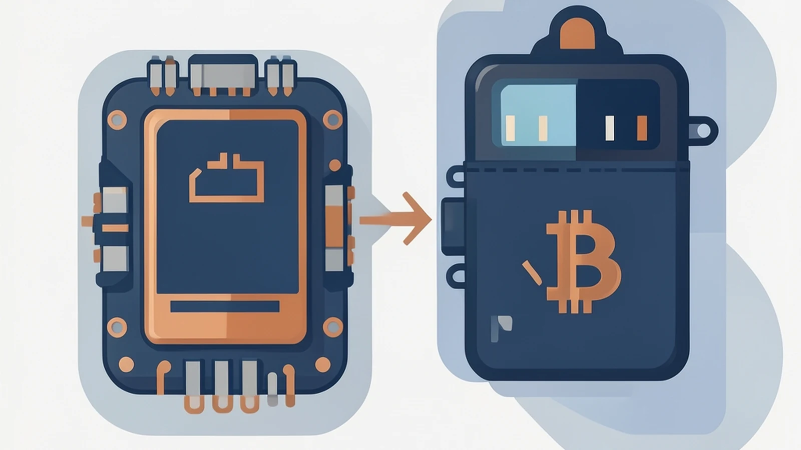 Editorial illustration showing a connected hot wallet on one side and an offline cold wallet on the other