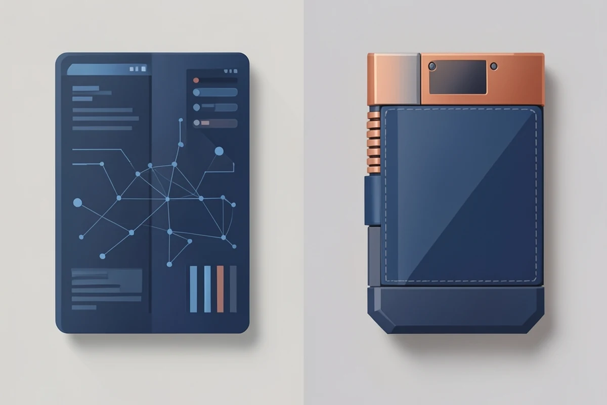 Illustration comparing hot wallet convenience against cold wallet security, each with distinct risk markers